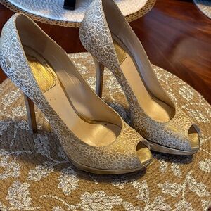 Dior Gold Lace Peep-Toe Heels